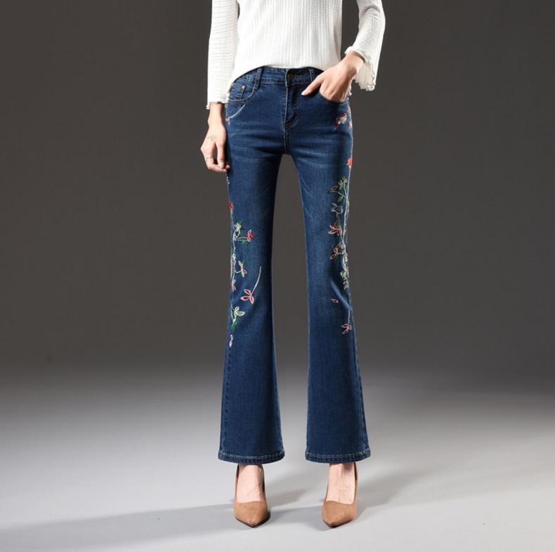 Womens Denim Flare Pants Floral Embroidered High Waisted Stretchy